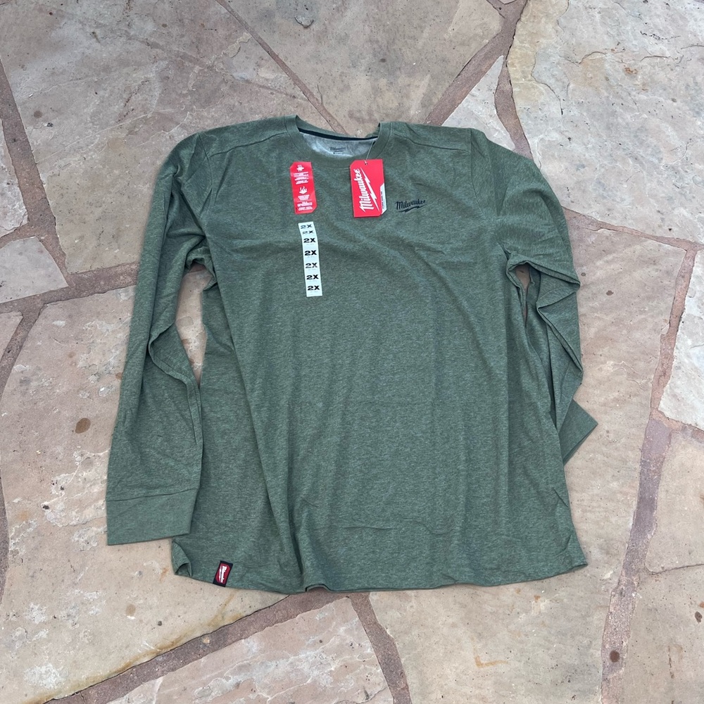 Milwaukee Long Sleeve Men's Crew Neck Green Hybrid Work Tee Shirt XXL